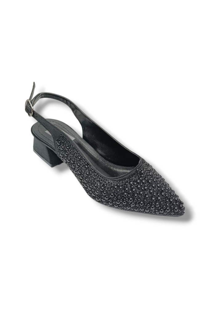 C-Shoes 2605-26 Saten İncili Taşlı Kare Topuk Arkası Açık Kadın Ayakkabı