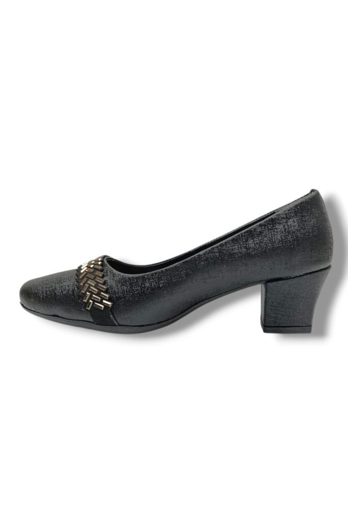 C-Shoes 7305-26 Ekose Baskı Bant Taşlı Kısa Kalın Topuk Kadın Ayakkabı