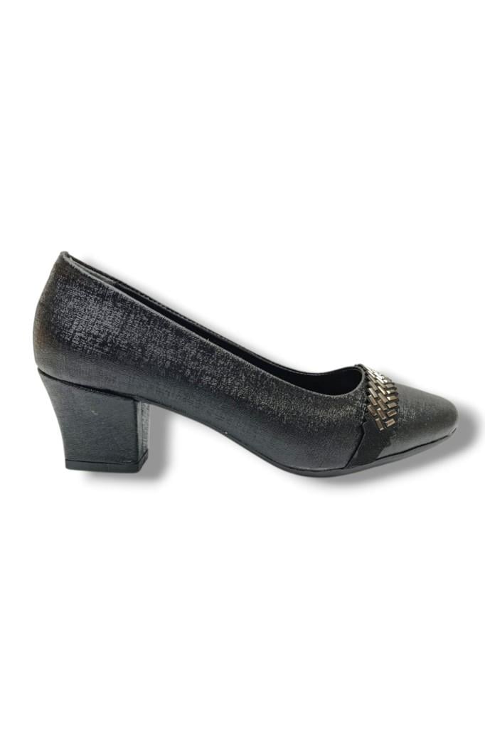 C-Shoes 7305-26 Ekose Baskı Bant Taşlı Kısa Kalın Topuk Kadın Ayakkabı