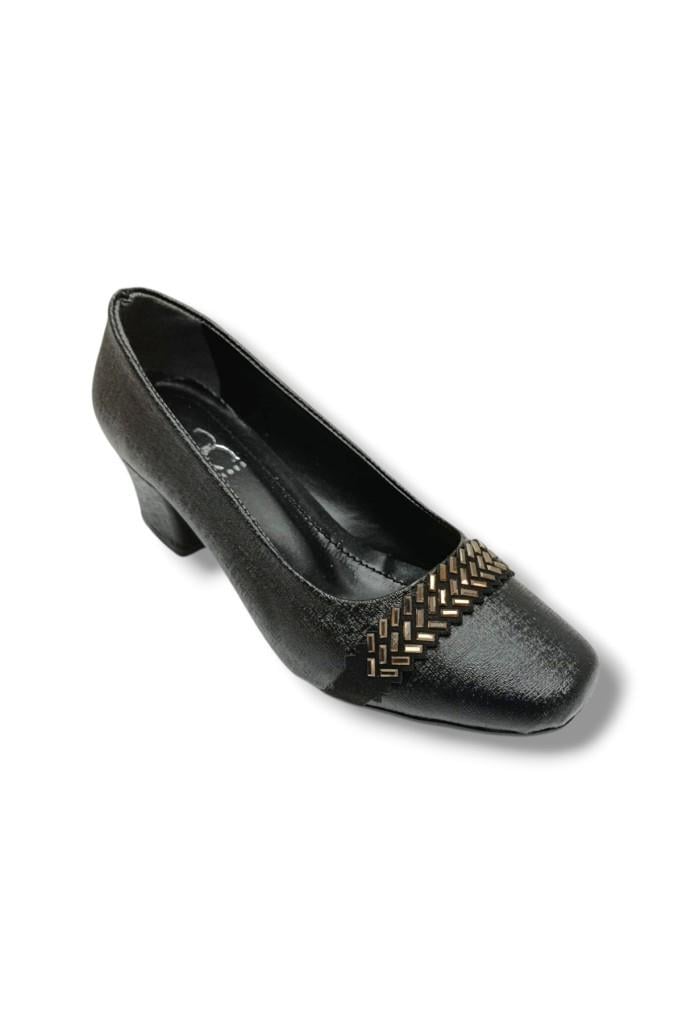 C-Shoes 7305-26 Ekose Baskı Bant Taşlı Kısa Kalın Topuk Kadın Ayakkabı
