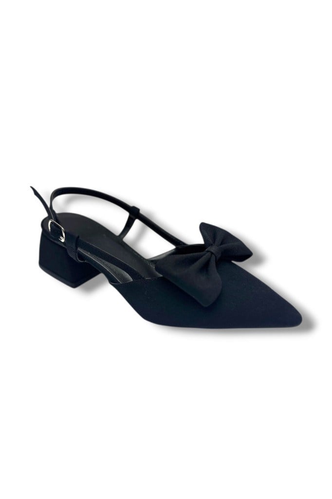 C-Shoes EU141-26 Saten Papyonlu Kısa Kare Topuk Arkası Açık Kadın Ayakkabı