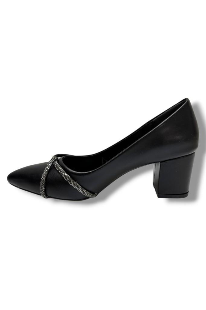 C-Shoes KM59-26 Cilt Deri Çapraz Taşlı Kalın Topuk Kadın Ayakkabı
