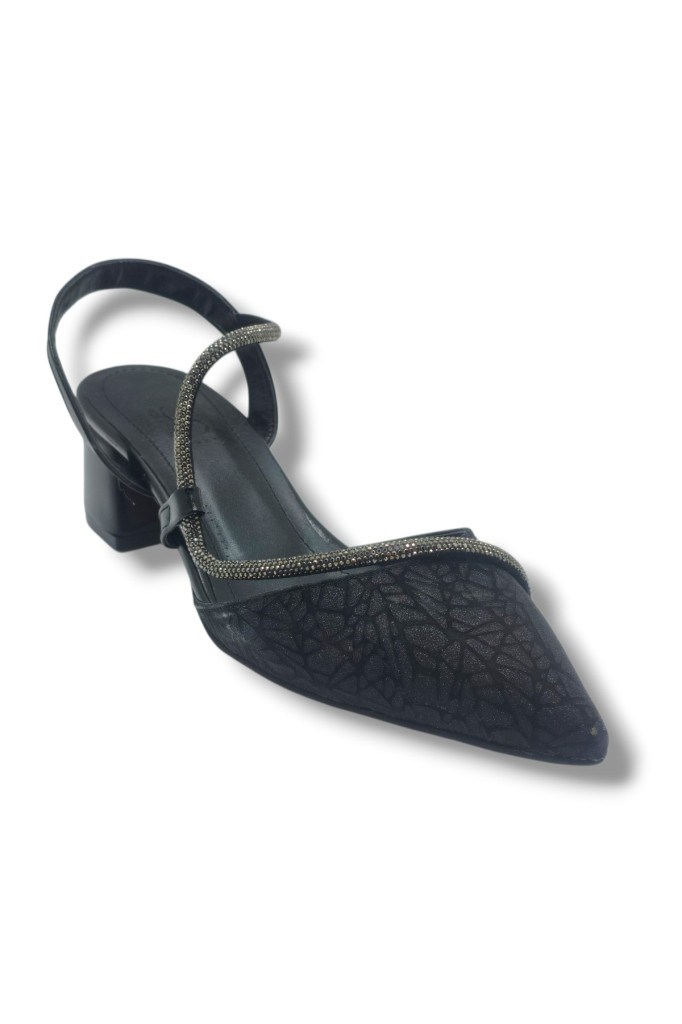 C-Shoes LH854-26 Grafiti Şerit Taşlı Kısa Kalın Topuk Kadın Ayakkabı 41-42