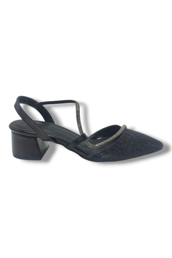 C-Shoes LH854-26 Grafiti Şerit Taşlı Kısa Kalın Topuk Kadın Ayakkabı 41-42