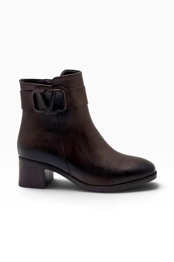 C-Shoes SL1105-27 Cilt Deri V Tokalı Kalın Topuklu Kadın Bot(5cm)