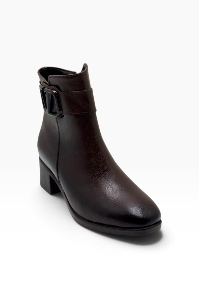 C-Shoes SL1105-27 Cilt Deri V Tokalı Kalın Topuklu Kadın Bot(5cm)