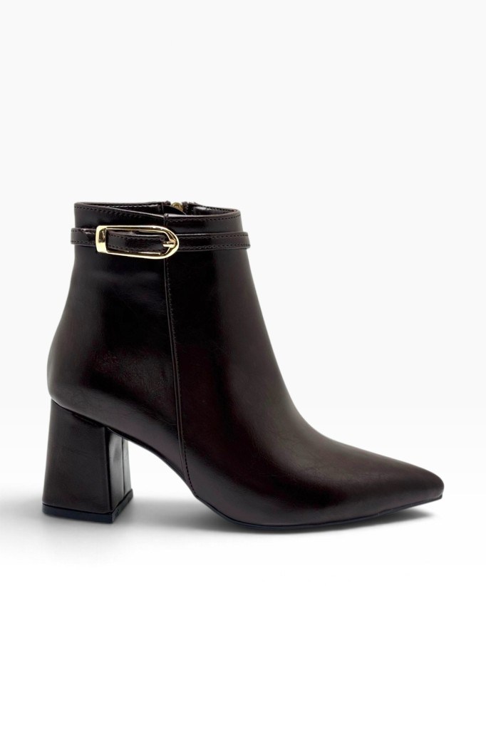 C-Shoes TK610-27 Sıvama Deri Kemer Tokalı Kalın Topuklu Kadın Bot(6,5cm)