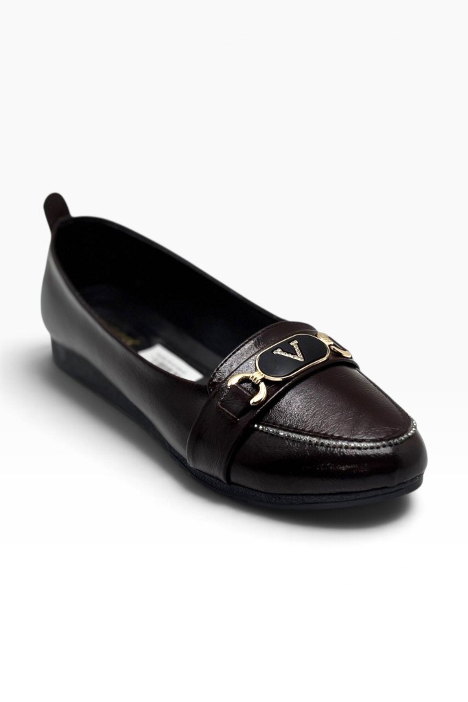 C-Shoes YS3008-27 Sıvama Deri Taşlı V Toka Anatomik Kadın Babet