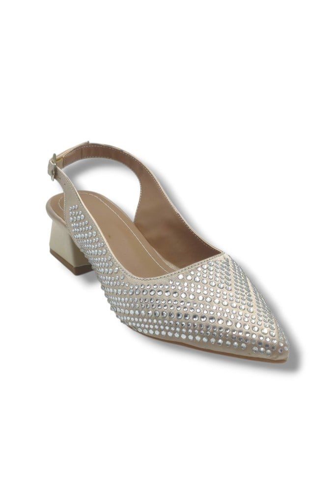 Ceylan Shoes 125-26 Taşlı Parlak Saten Kısa Kare Topuk Kadın Ayakkabı 36-41