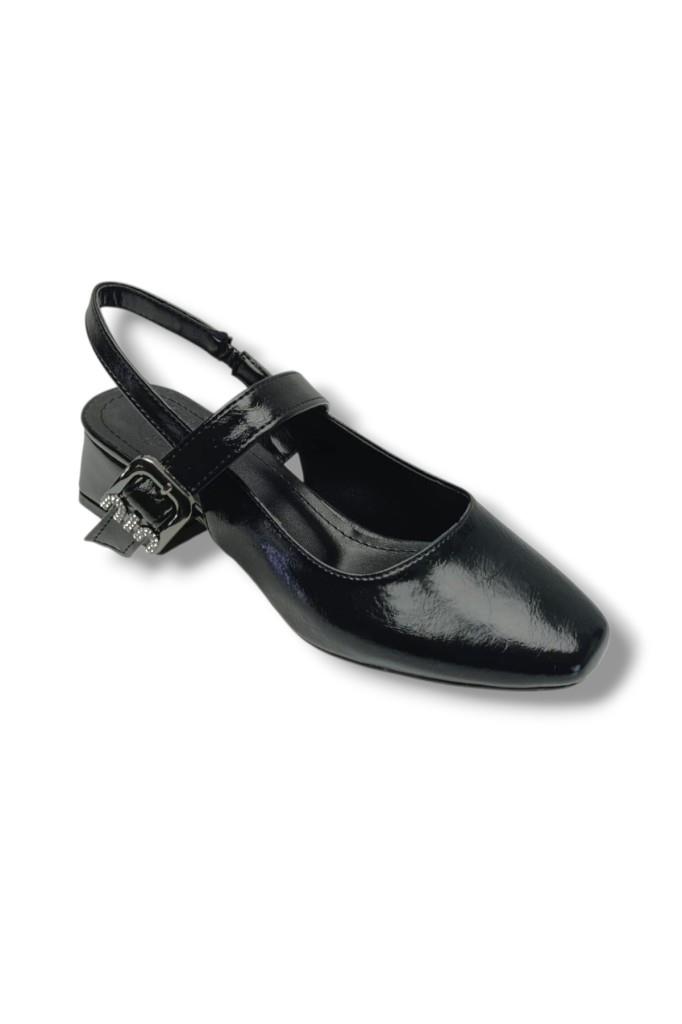 Ceylan Shoes 315-26 Kırışık Rugan Deri Kısa Kare Topuk Arkası Açık Kadın Ayakkabı