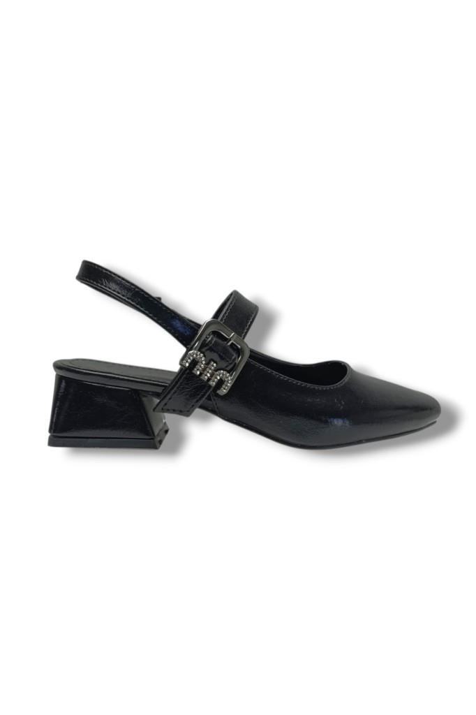 Ceylan Shoes 315-26 Kırışık Rugan Deri Kısa Kare Topuk Arkası Açık Kadın Ayakkabı