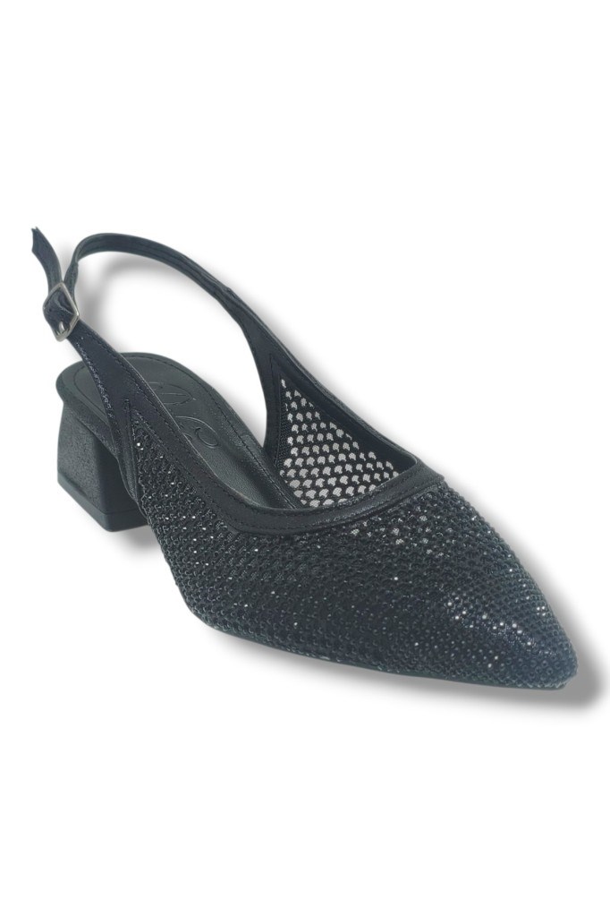 Defne 800-26 Simli Saten Fileli Taşlı Kısa Kare Topuk Kadın Ayakkabı