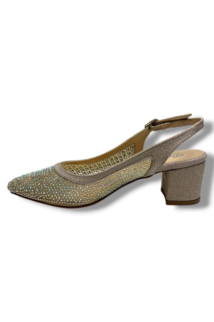 Desire 356-26 Pullu Siimli Saten Fileli Taşlı Kare Topuk Kadın Ayakkabı 6cm