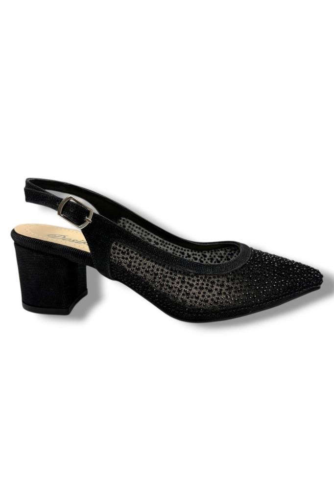 Desire 356-26 Pullu Siimli Saten Fileli Taşlı Kare Topuk Kadın Ayakkabı 6cm