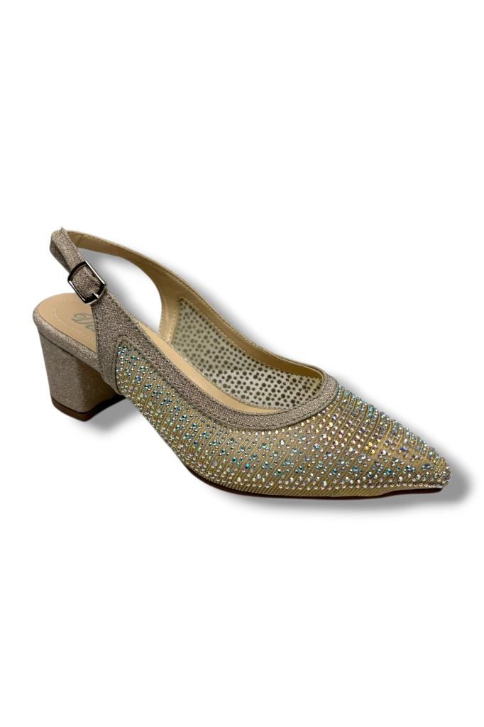 Desire 356-26 Pullu Siimli Saten Fileli Taşlı Kare Topuk Kadın Ayakkabı 6cm