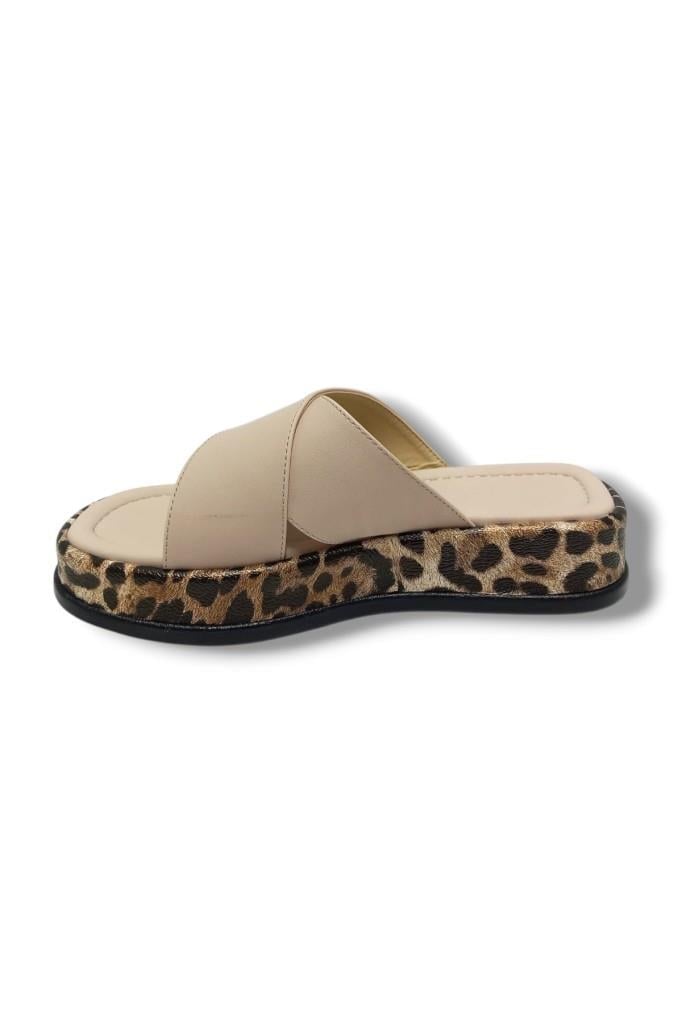 Efsun 3007-25 Deri Leopar Çapraz Bant Anatomik Kadın Terlik