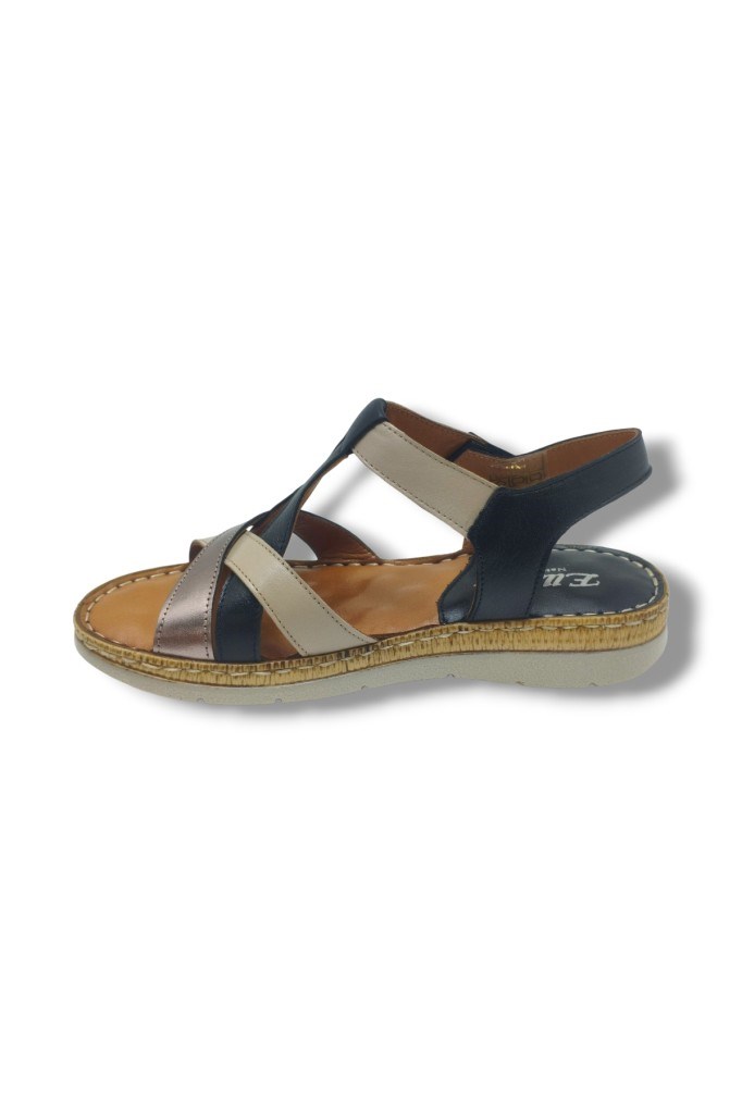 Ellanor S-553-26 Hakiki Deri Cırtlı Anatomik Taban Kadın Sandalet Siyah Bej Bronz
