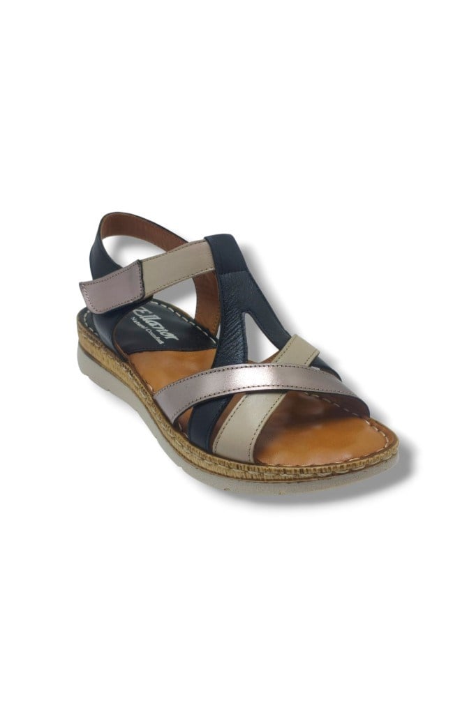 Ellanor S-553-26 Hakiki Deri Cırtlı Anatomik Taban Kadın Sandalet Siyah Bej Bronz