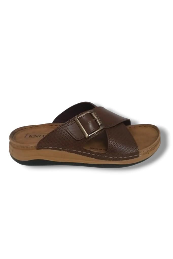 Enova E521-25 Baskı Deri Anatomik Çapraz Bant Tokalı Erkek Terlik