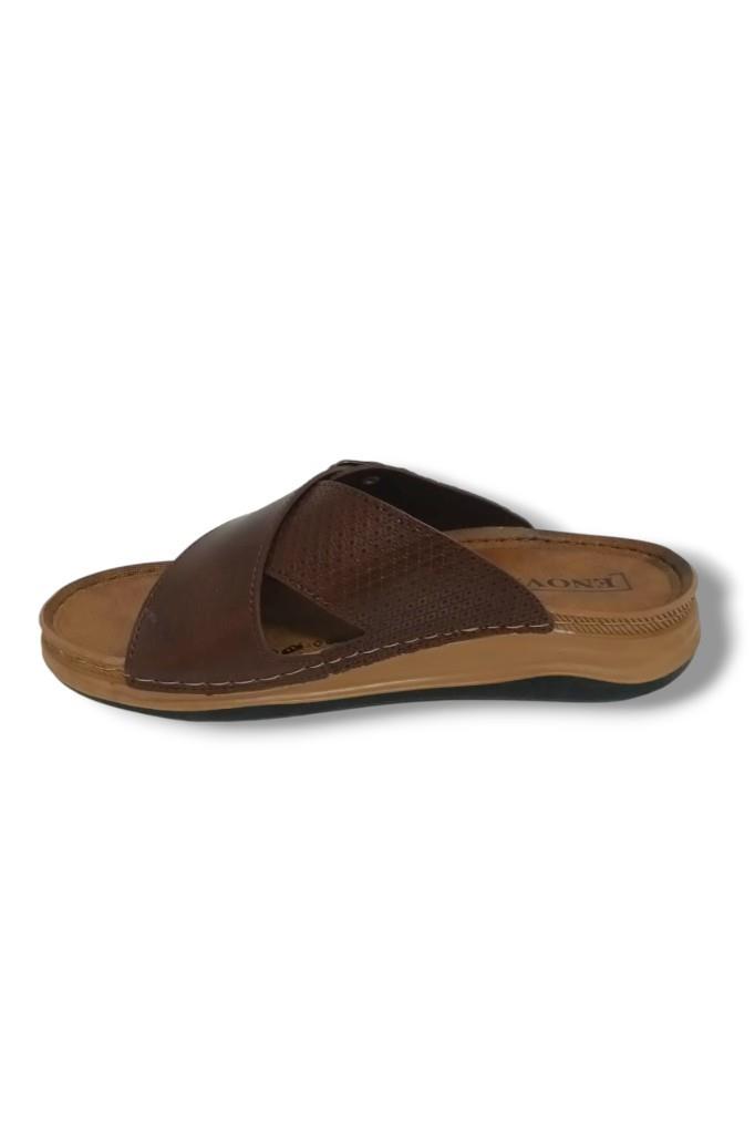 Enova E521-25 Baskı Deri Anatomik Çapraz Bant Tokalı Erkek Terlik