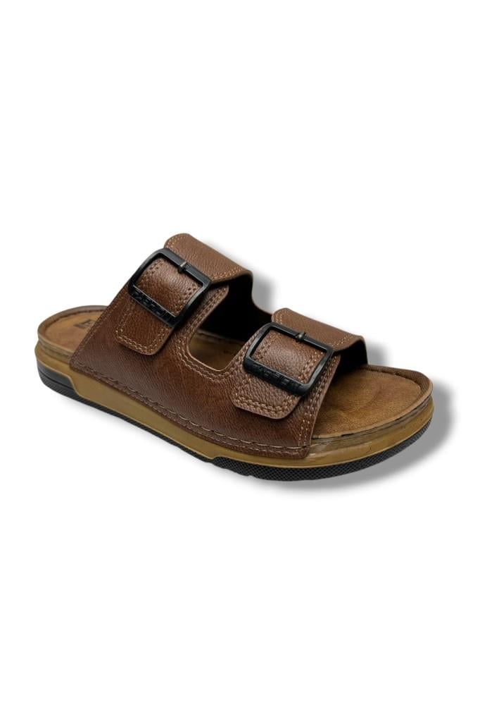 Enova M253-0202-26 Deri Anatomik Soft Çift Bant Erkek Terlik