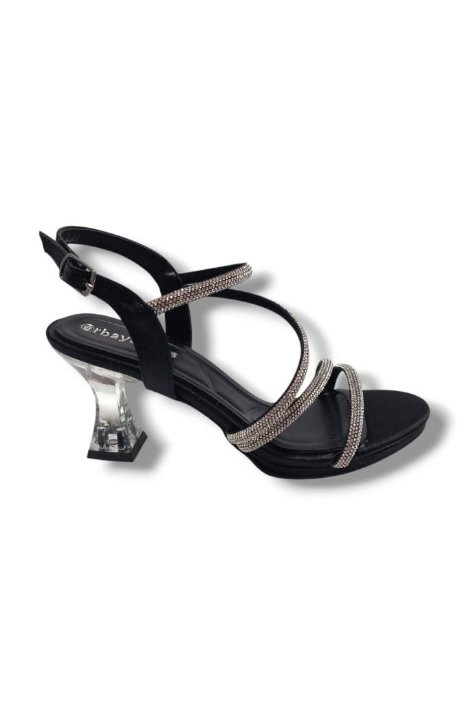 Erbay 093-25 Saten Şeffaf Topuk Taşlı Anatomik Kadın Sandalet