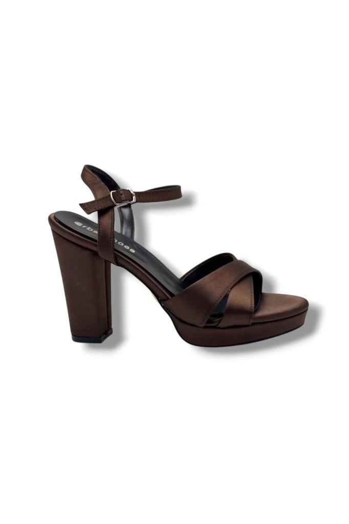 Erbay 308-26 Parlak Saten Çapraz Bant Kalın Topuk Kadın Sandalet(11cm)
