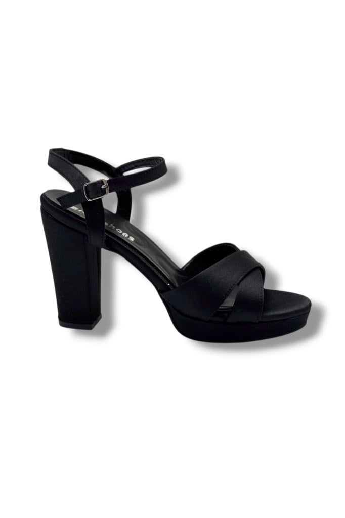 Erbay 308-26 Parlak Saten Çapraz Bant Kalın Topuk Kadın Sandalet(11cm)