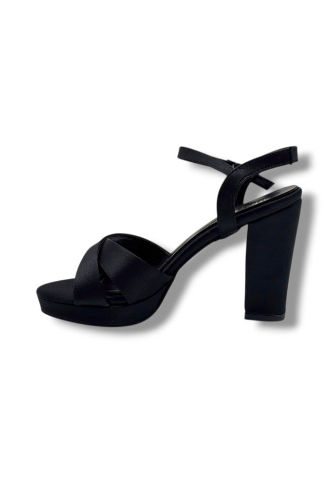 Erbay 308-26 Parlak Saten Çapraz Bant Kalın Topuk Kadın Sandalet(11cm)