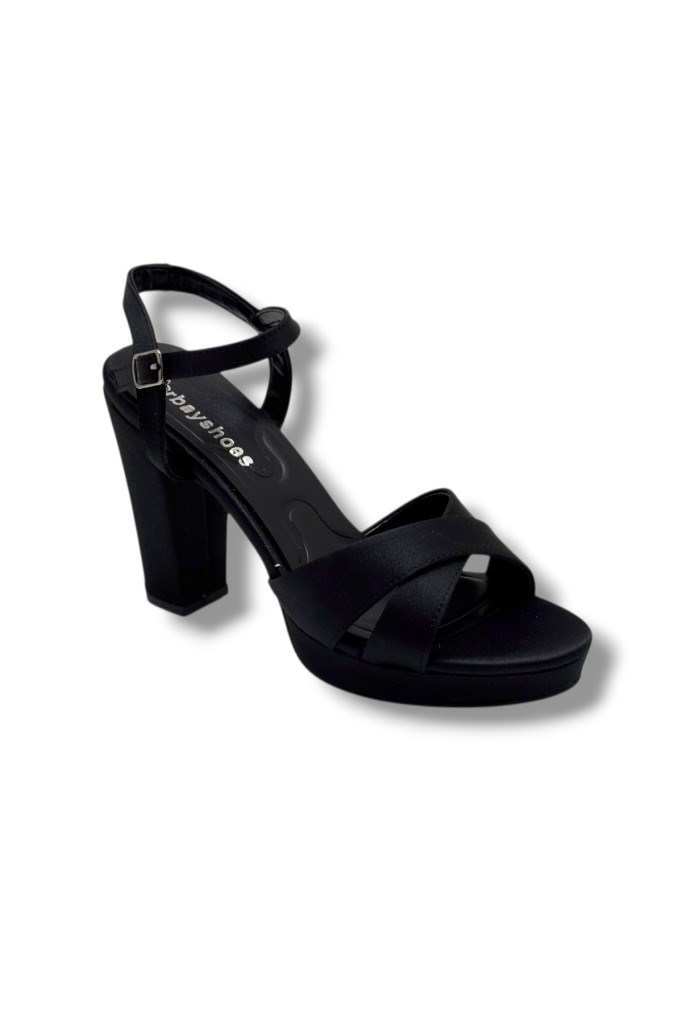 Erbay 308-26 Parlak Saten Çapraz Bant Kalın Topuk Kadın Sandalet(11cm)