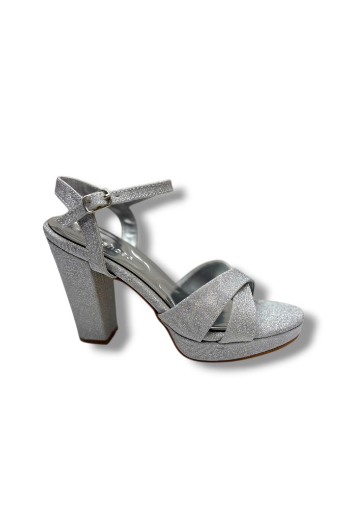 Erbay 308-26 Simli Saten Çapraz Bant Kalın Topuk Kadın Sandalet(11cm)