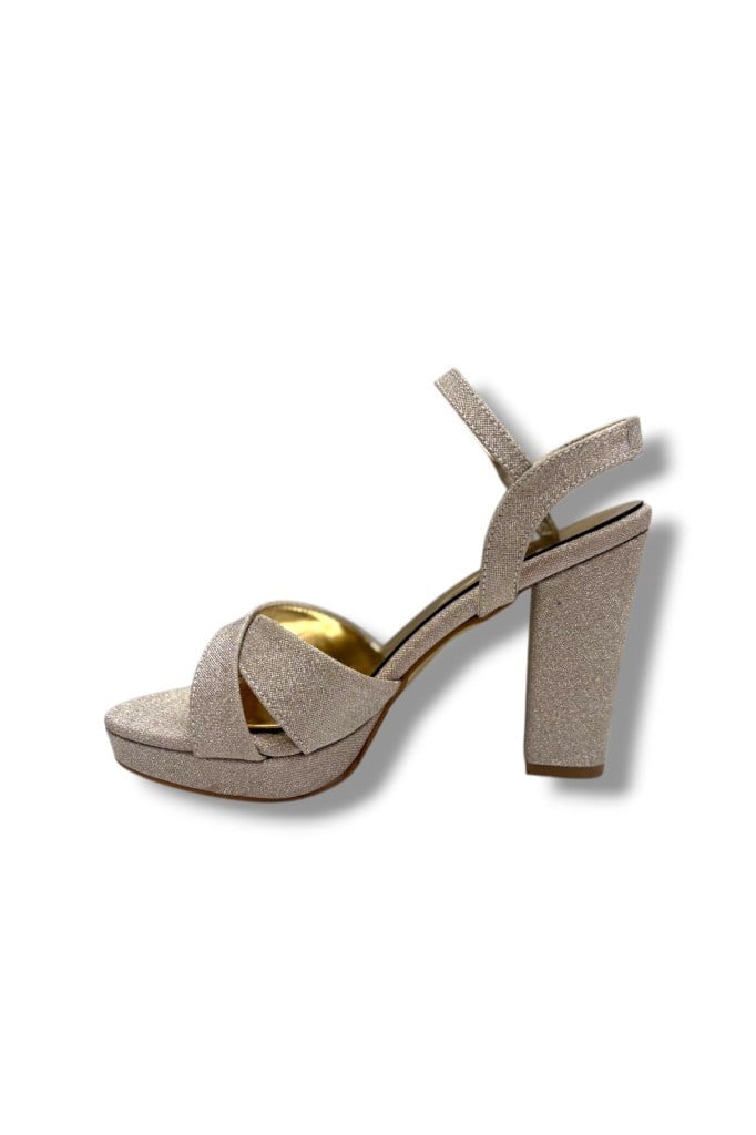 Erbay 308-26 Simli Saten Çapraz Bant Kalın Topuk Kadın Sandalet(11cm)