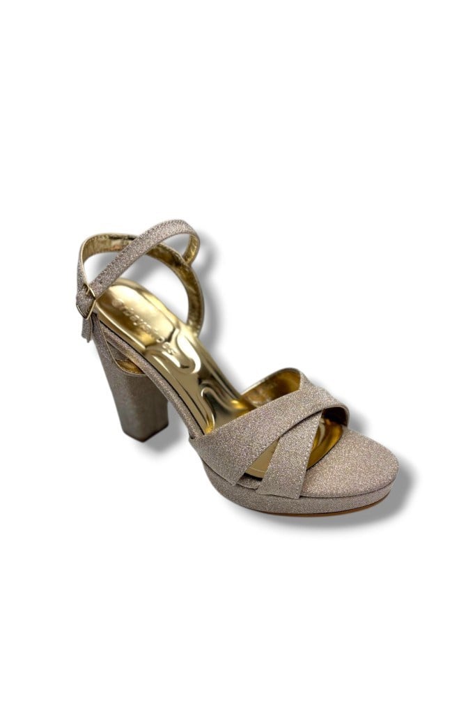 Erbay 308-26 Simli Saten Çapraz Bant Kalın Topuk Kadın Sandalet(11cm)
