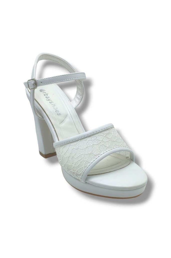 Erbay 320-26 Simli Dantelli Cilt Tek Bant Kalın Topuk Kadın Sandalet(11cm)