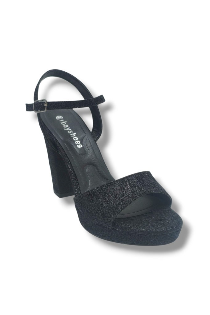 Erbay 321-26 Simli İşlemeli Saten Tek Bant Kalın Topuk Kadın Sandalet(11cm)