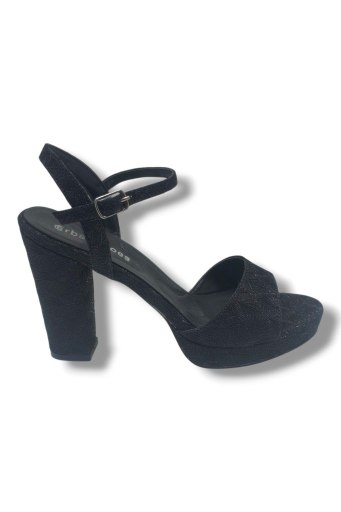 Erbay 321-26 Simli İşlemeli Saten Tek Bant Kalın Topuk Kadın Sandalet(11cm)