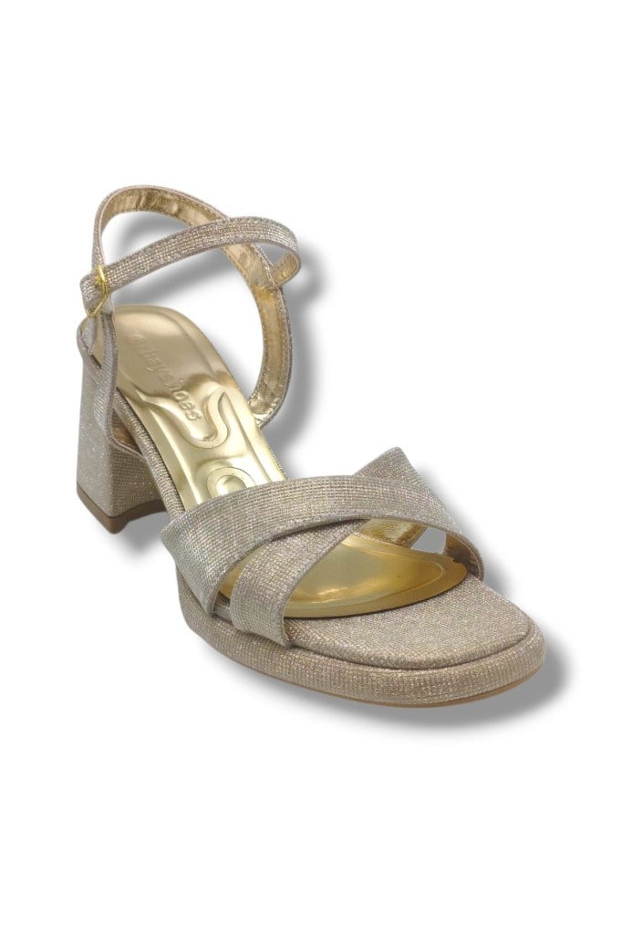 Erbay 405-26 Simli Çupra Kumaş Çapraz Bant Kalın Topuk Kadın Sandalet(7cm)