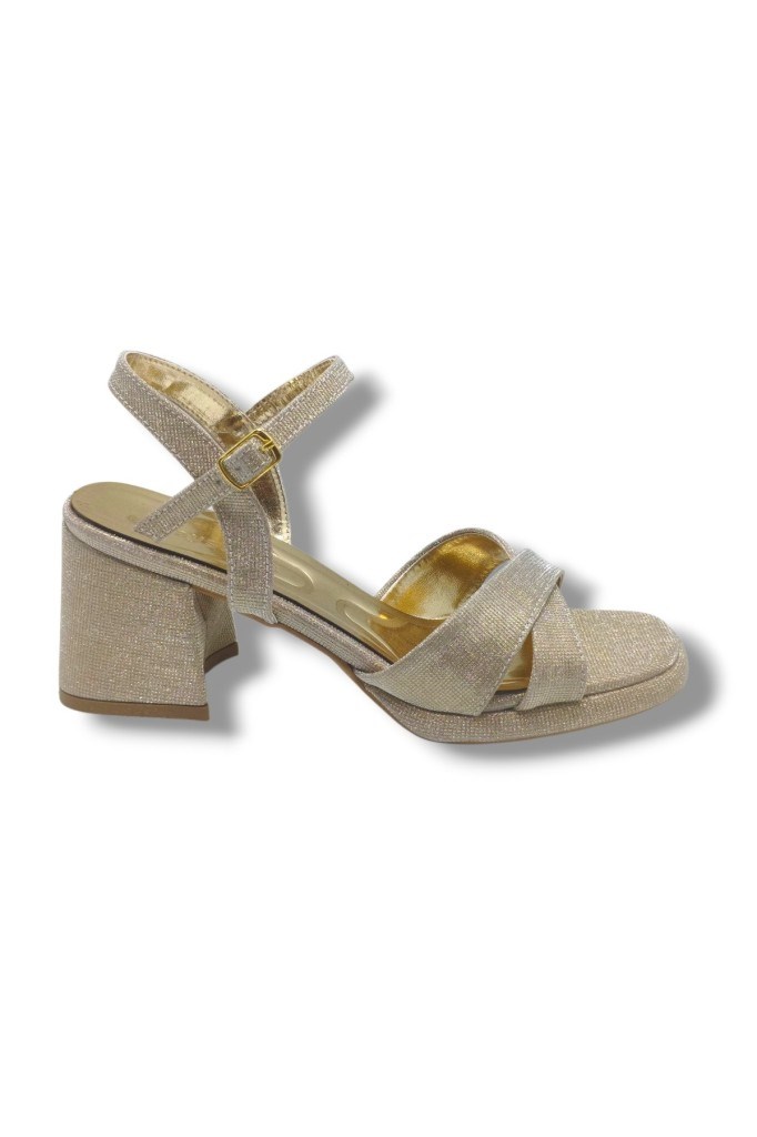 Erbay 405-26 Simli Çupra Kumaş Çapraz Bant Kalın Topuk Kadın Sandalet(7cm)