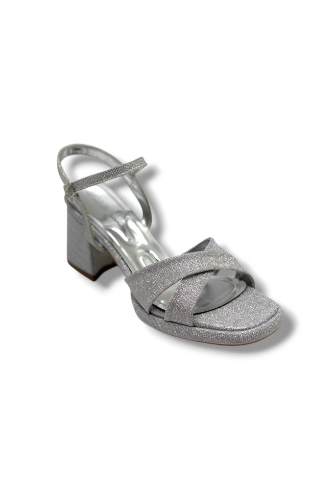 Erbay 405-26 Simli Çupra Kumaş Çapraz Bant Kalın Topuk Kadın Sandalet(7cm)