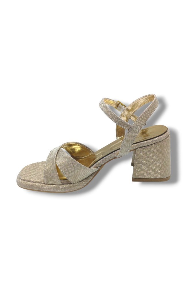 Erbay 405-26 Simli Çupra Kumaş Çapraz Bant Kalın Topuk Kadın Sandalet(7cm)