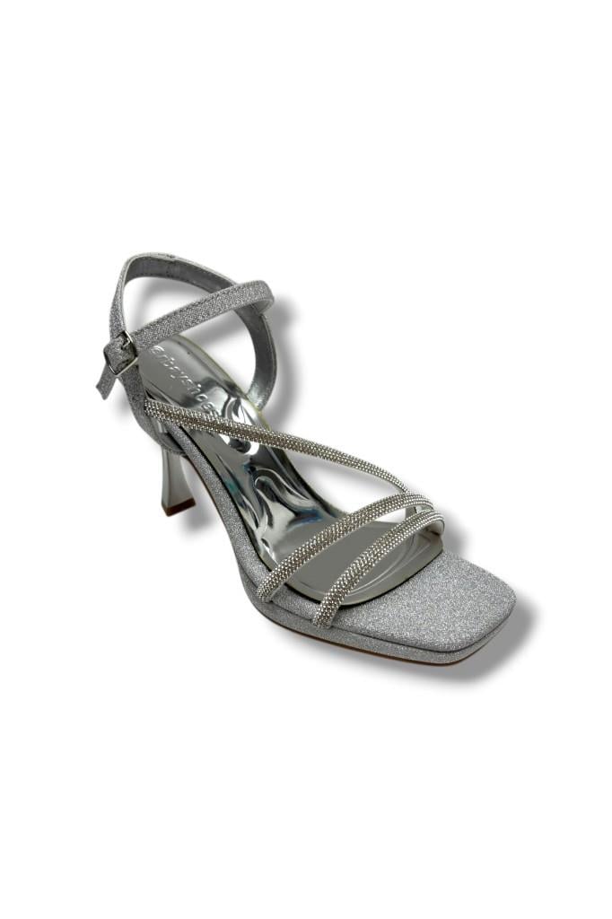 Erbay 688-26 Parlak Simli Saten 3 Bant Orta Topuk Kadın Sandalet(10cm)