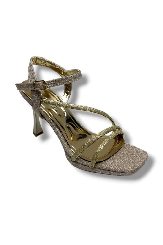 Erbay 688-26 Parlak Simli Saten 3 Bant Orta Topuk Kadın Sandalet(10cm)