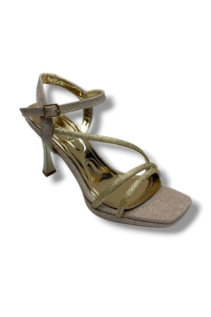 Erbay 688-26 Parlak Simli Saten 3 Bant Orta Topuk Kadın Sandalet(10cm)