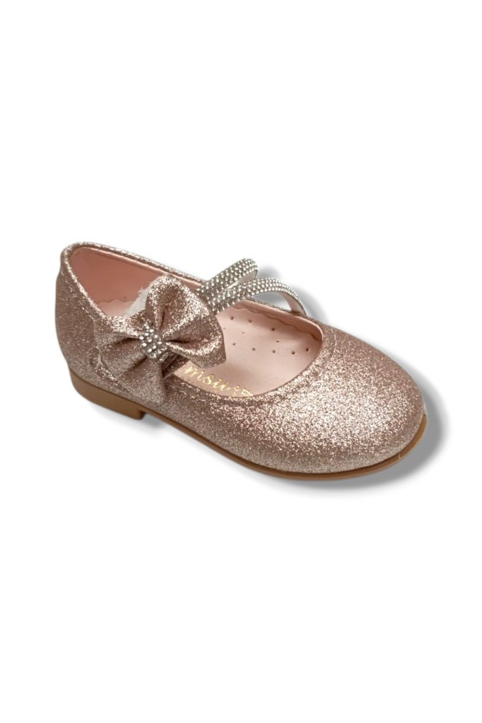 İremsu 7050-26 Simli Deri Şerit Taşlı Fiyonklu Kız Çocuk Babet 21-25