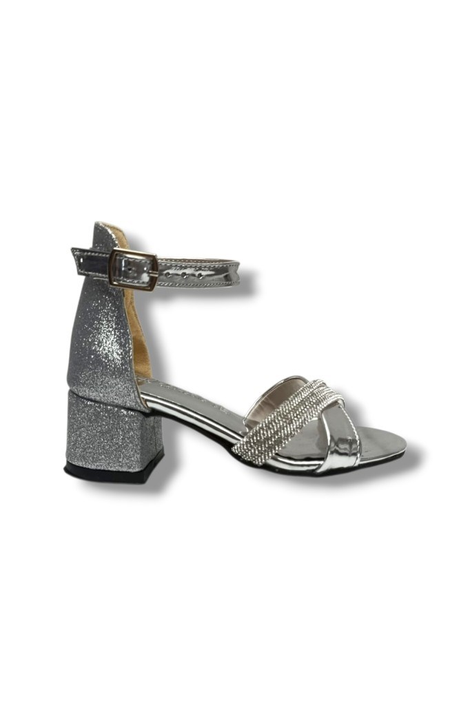 İremsu 7454-26 Simli Rugan Deri Şerit Taşlı Topuklu Kız Çocuk Sandalet 27-30