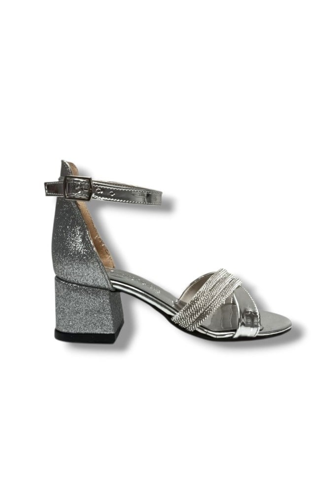 İremsu 7454-26 Simli Rugan Deri Şerit Taşlı Topuklu Kız Çocuk Sandalet 31-36