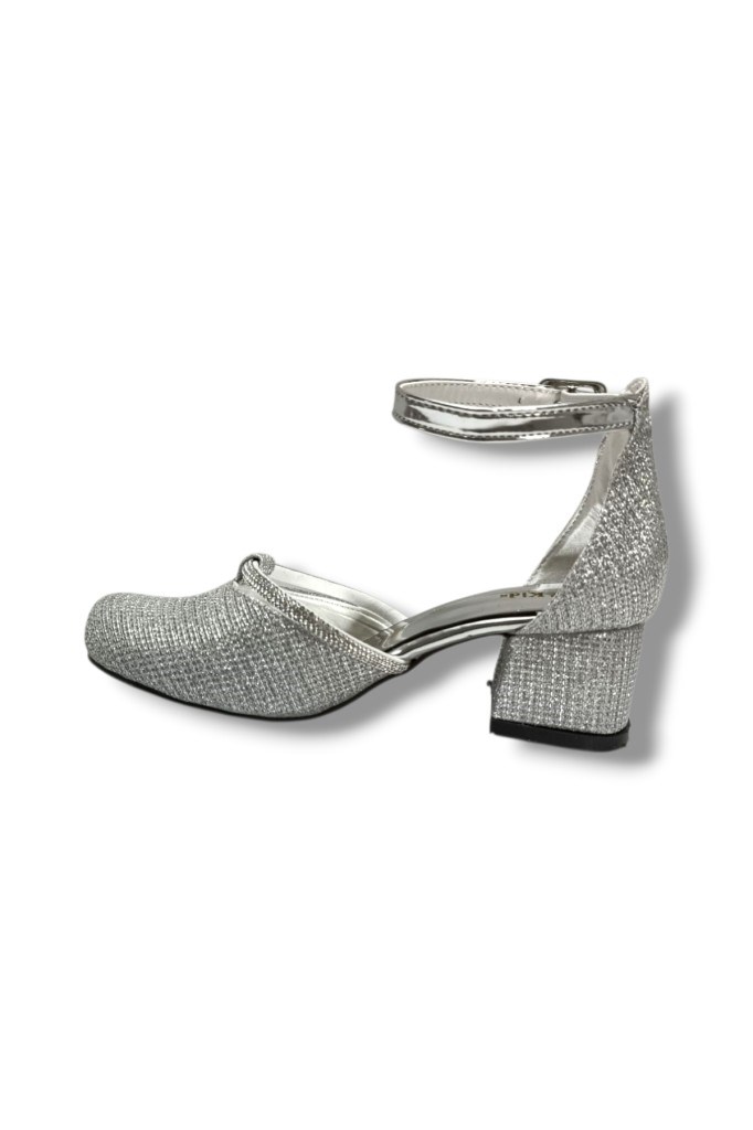 İremsu 7555-26 Simli Şerit Taşlı Topuklu Karnıyarık Kız Çocuk Babet 31-36