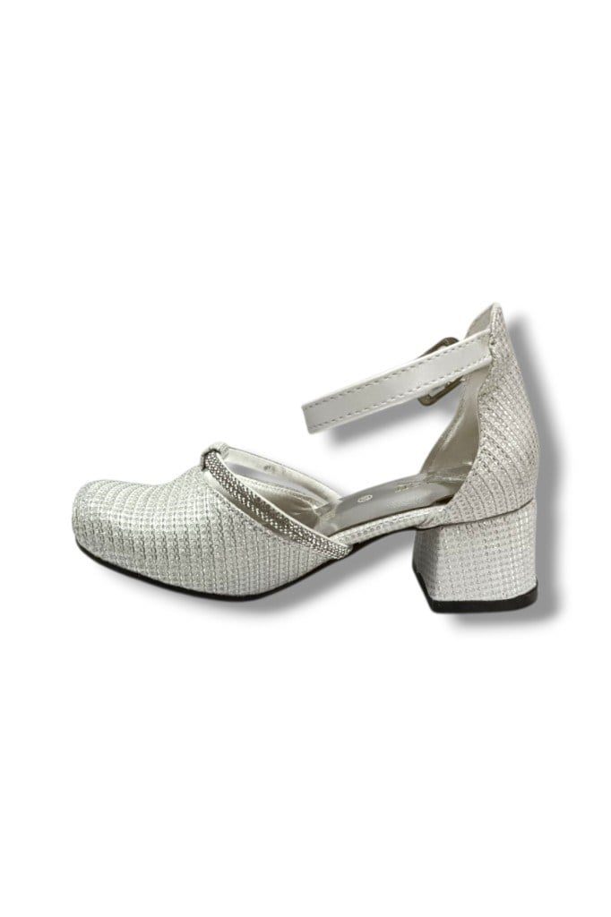 İremsu 7555-26 Simli Şerit Taşlı Topuklu Karnıyarık Kız Çocuk Babet 31-36