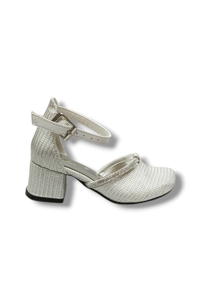 İremsu 7555-26 Simli Şerit Taşlı Topuklu Karnıyarık Kız Çocuk Babet 26-30