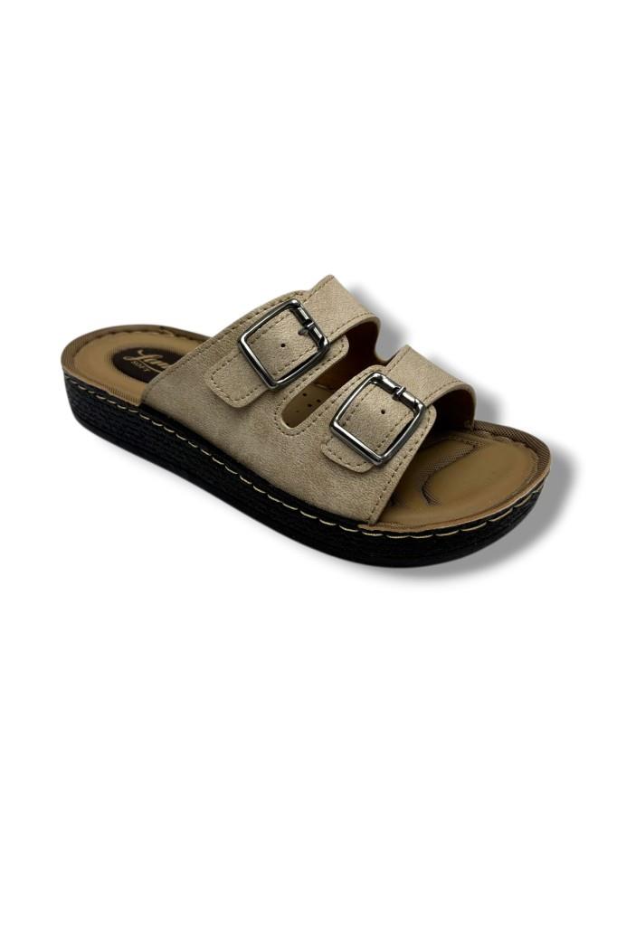 Leman 8617-26 Deri Anatomik Çift Bantli Kadın Terlik